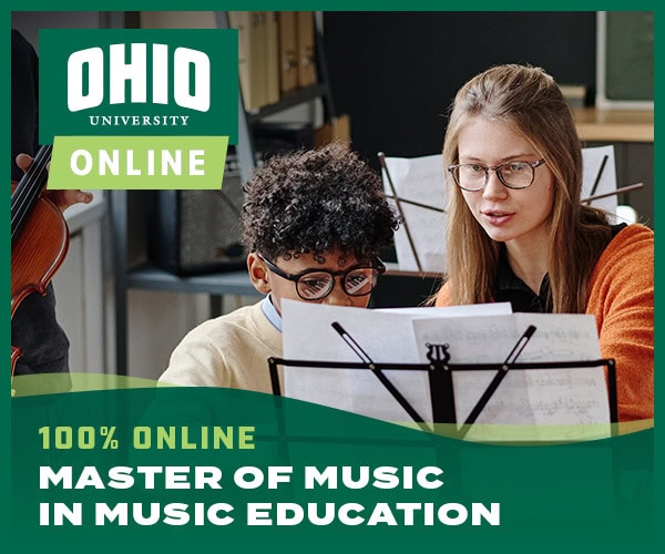 Ohio University online. 100% online. Master of Music in Music Education. Image of music educator with music student