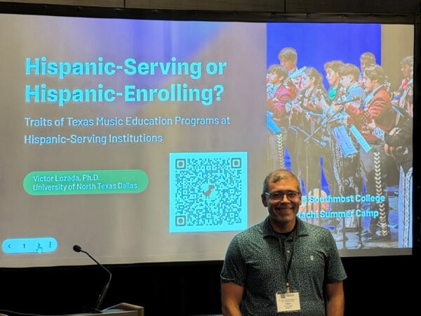 Presentation titled Hispanic-Serving or Hispanic-Enrolling? Traits of Texas Music Education Programs at Hispanic-Serving Institutions - Victor Lozad