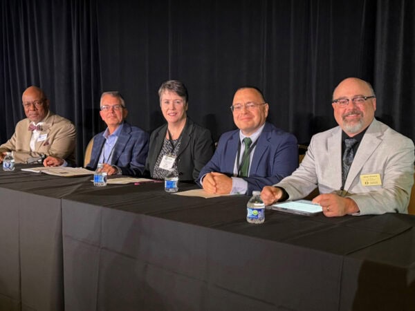 SRME Business meeting, Oct 2 (left to right): Cecil Adderley, NAfME President; Phil Hash, SRME Chair; Kelly Parkes, SRME Chair Elect and Biennial Conference Program Co-Chair; Mark Montemayor, Editor and Chair, JRME; Jason Silveira, Editor, Update