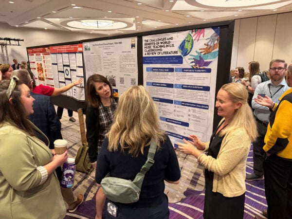 Poster titled The Challenges and Benefits of World Music Teaching in U.S. Classrooms: A Review of Literature – poster authors Sara Durkin, Meghan D. Provost, and Anh H. Tran