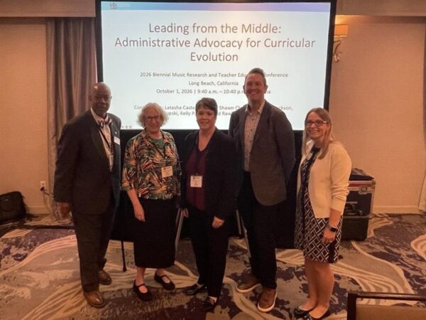 MTPAC session “Leading from the Middle: Administrative Advocacy for Curricular Evolution.” From left to right, Cecil Adderley, NAfME President; Wendy Sims, MTPAC Co-Chair; Kelly Parkes, presenter, SRME Chair Elect, MTPAC Committee Member; Jared Rawlings, presenter, MTPAC Committee Member; Amanda Karhuse, NAfME Assistant Executive Director, Advocacy and Public Policy, MTPAC Staff Liaison.