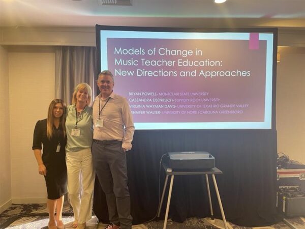 MTPAC session Models of Change in Music Teacher Education: New Directions and Approaches. Presenters and MTPAC committee members, from left to right, Cassandra Eisenreich, Virginia Wayman Davis, and Bryan Powell.