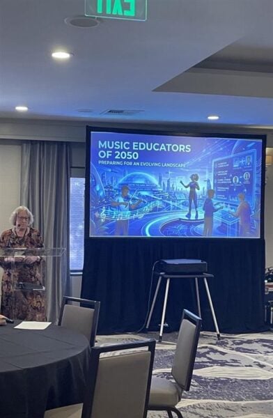 Wendy Sims, Co-Chair of MTPAC, speaking at one of three MTPAC sessions, The Music Teacher, 2050: Skills, Knowledge, and Dispositions Teachers Will Need in the Future.