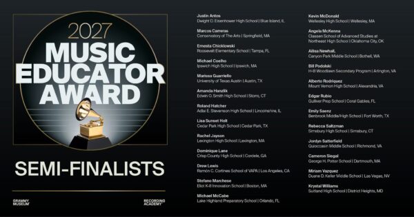 25 GRAMMY Music Educator Award semifinalists' names listed with their schools and cities, states