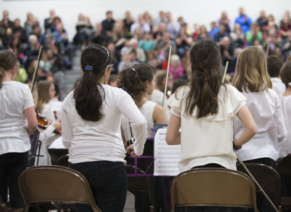 Rear view of youth orchestra on stage