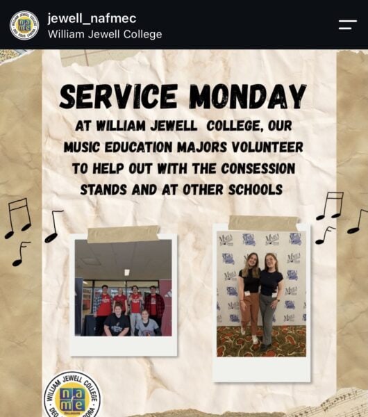 screenshot from William Jewell College NAfME Collegiate chapter Instagram for 2026 NAfME Collegiate Kickoff Week’s Service Monday.