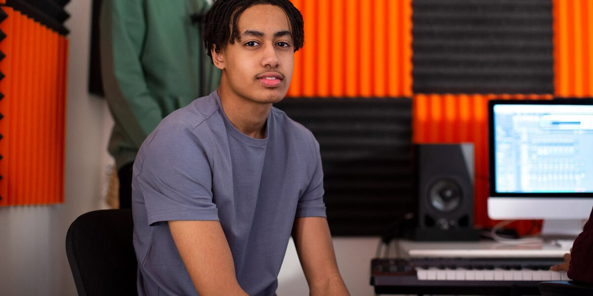 young teen students in recording studio